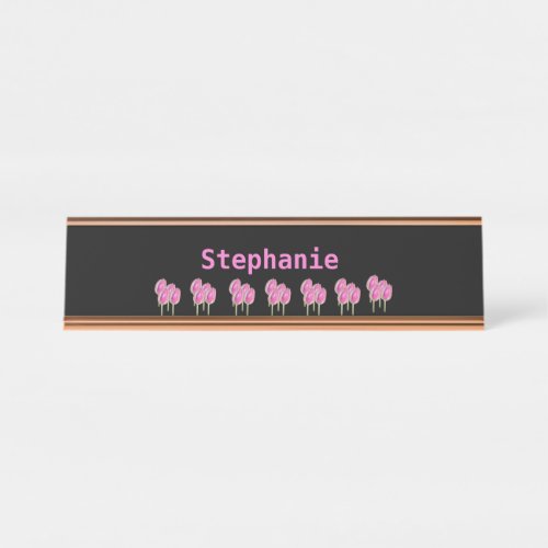 Tulips Pink Floral Abstract Cute Black Custom Cool Desk Name Plate