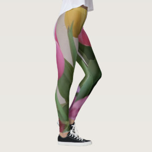Tulips Pink Green Yellow Flowers Floral Leggings