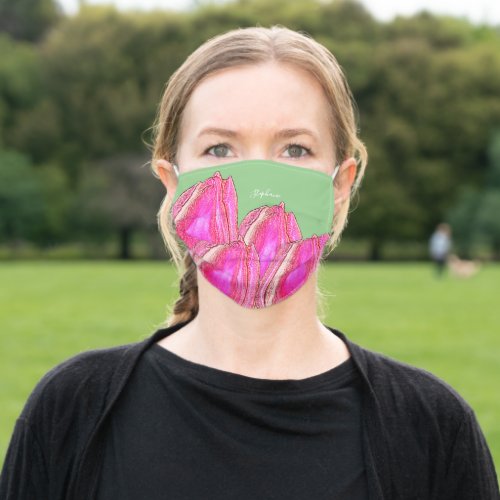 Tulips Pink Purple Floral Monogram Name Green Cool Adult Cloth Face Mask
