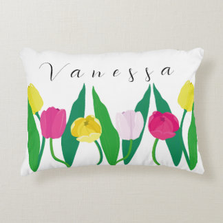 Tulips Pink Yellow Purple Green Modern Customize. Accent Pillow