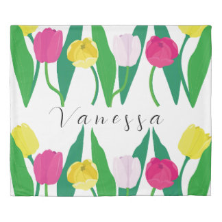 Tulips Pink Yellow Purple Green Modern Customize. Duvet Cover