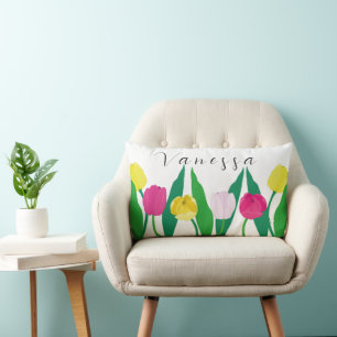 Tulips Pink Yellow Purple Green Modern Customize. Lumbar Pillow