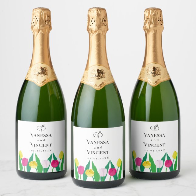 Tulips Pink Yellow Purple Green Modern Cute. Sparkling Wine Label (Bottles)