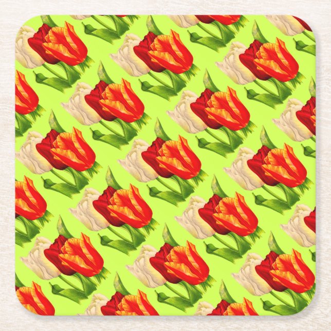 tulips print square paper coaster (Front)