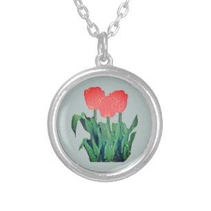 Tulips Three-Red Silver Plated Necklace
