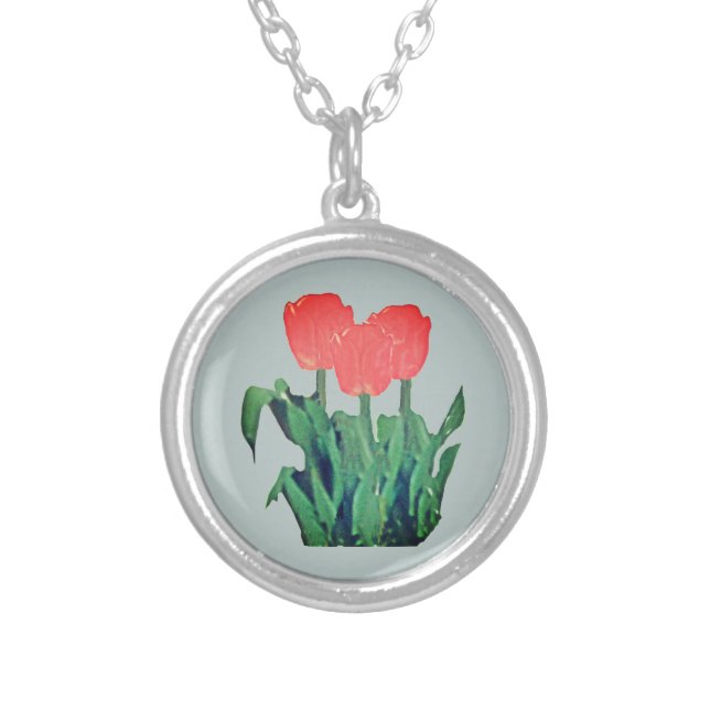 Tulips Three-Red Silver Plated Necklace (Front)