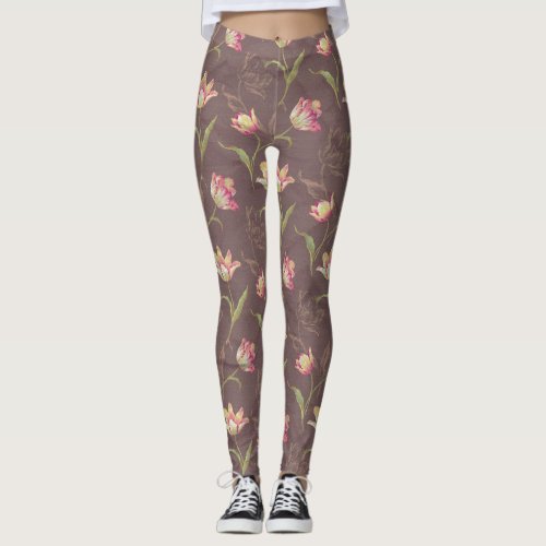 Tulips Unfolding Creamy Pink Dark Version Leggings