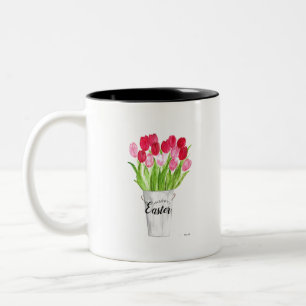 Tulips Watercolor Pink Floral Happy Easter Two-Tone Coffee Mug