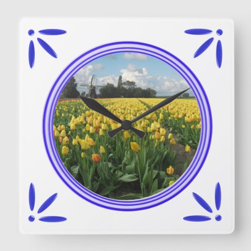 Tulips Windmill Delft_Blue_Tile_Look Wall Clock