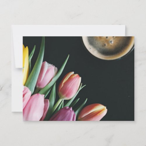 Tulips with a cup of coffee in black Postcard