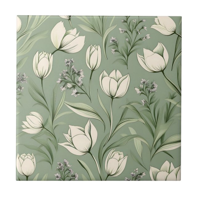 Tulips With Leaves On Light Sage Green Ceramic Tile (Front)
