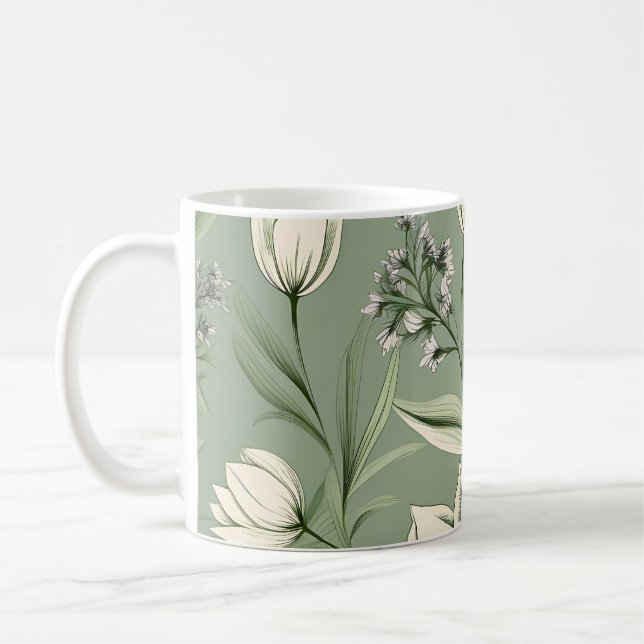 Tulips With Leaves On Light Sage Green Coffee Mug (Left)