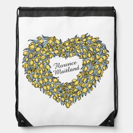 Tullip yellow flowers green leaves heart inked art drawstring bag