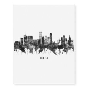 Tulsa Oklahoma Skyline BW Temporary Tattoos