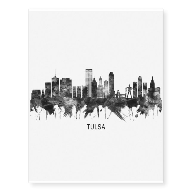 Tulsa Oklahoma Skyline BW Temporary Tattoos (Front)