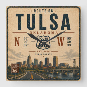 Tulsa Route 66 Time Traveler Square Wall Clock