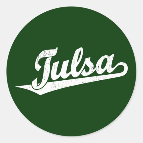 Tulsa script logo in white distressed classic round sticker