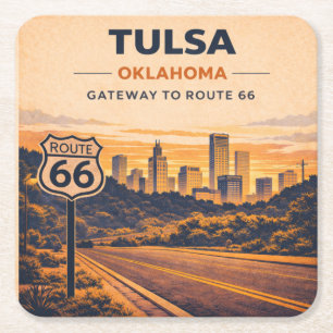 Tulsa Skyline Coffee Sips on Route 66 Square Paper Coaster
