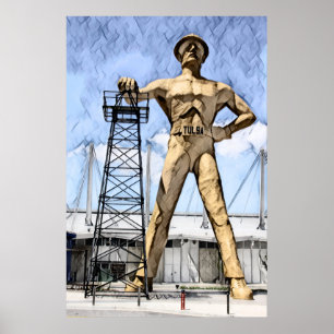 Tulsa's Golden Driller statue watercolor painting Poster