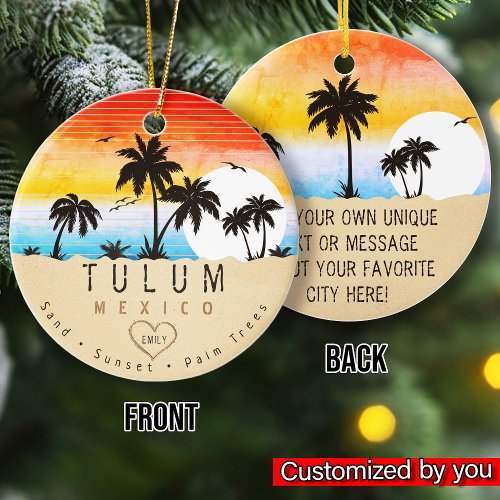 Tulum Mexico Retro Sunset Palm tree Souvenir 60s Ceramic Ornament