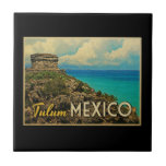 Tulum Mexico Tile<br><div class="desc">The Mayan ruins of Tulum, Mexico on the Yucatan Peninsula are enhanced by the enticing green-blue water of the Caribbean sea in this vintage travel image.</div>