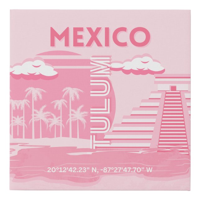 Tulum, Mexico, Travel Art, Pink Art Faux Canvas Print (Front)
