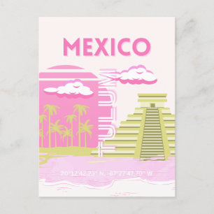 Tulum, Mexico, Travel Art, Pink Holiday Postcard
