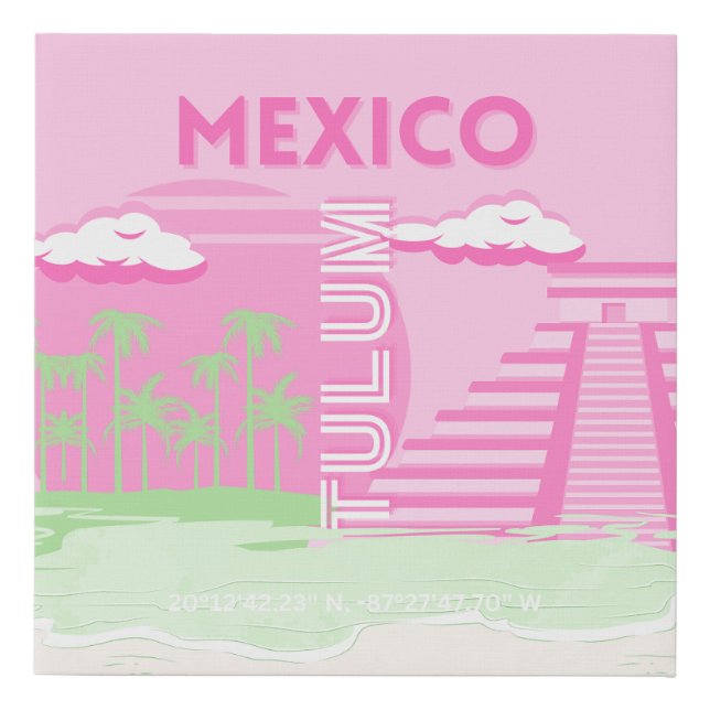 Tulum, Mexico, Travel Art, Preppy Art, Pink Faux Canvas Print (Front)