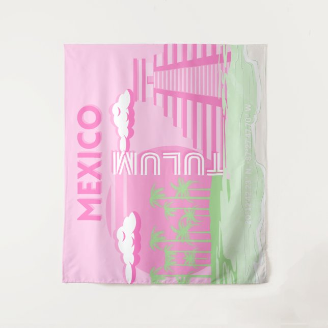 Tulum, Mexico, Travel Art, Preppy Art, Pink Tapestry (Front)