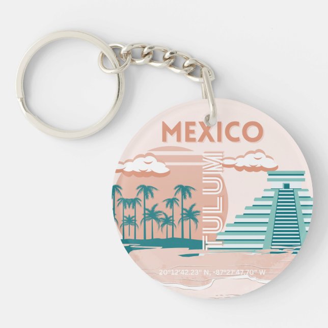 Tulum, Mexico, Travel Art, Retro Keychain (Front)