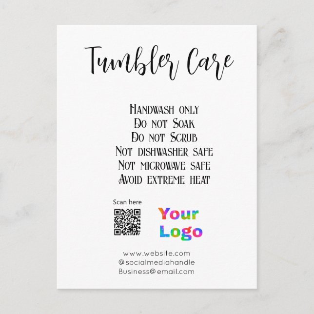 Tumbler care instructions add business name logo postcard (Front)