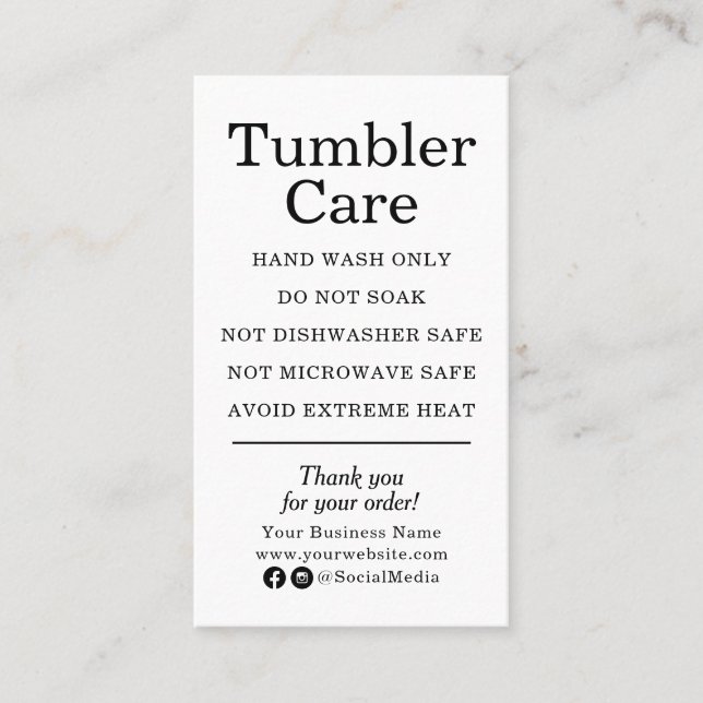 Tumbler Care Instructions Modern Black and White Business Card (Front)
