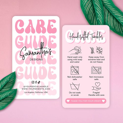 Tumbler Care Instructions Trendy Girly Retro Pink Business Card
