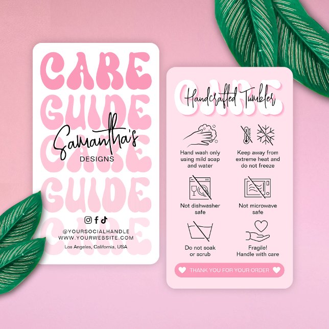 Tumbler Care Instructions Trendy Girly Retro Pink Business Card (Trendy pink tumbler and cups care instructions cards with icons, groovy fonts and your brand info)