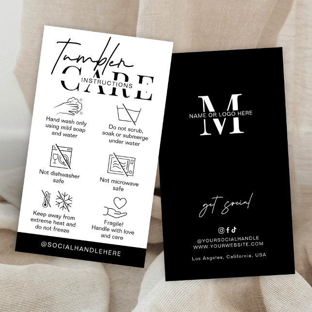 Tumbler Cup Care Instructions Minimalist Logo Business Card (Minimalist tumbler & cups care cards with icons - you can edit all colors and add your brand info)