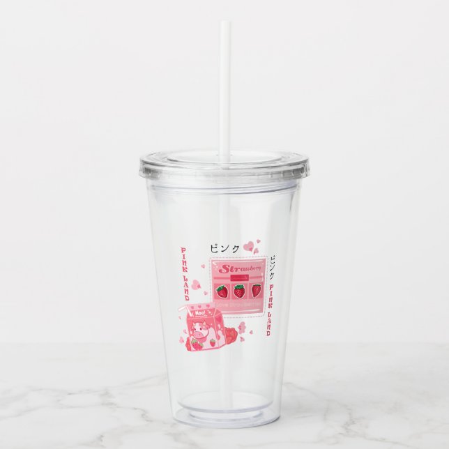 Tumbler cute party strawberry pink drinkware (Front)