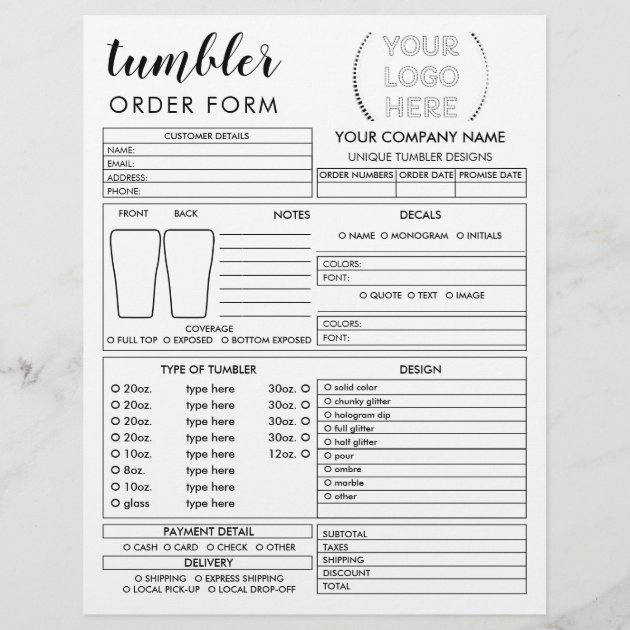 Tumbler Mug Cup Order Form Flyer