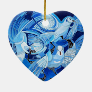 Tumbler Pigeons in Cerulean Blue Ceramic Ornament