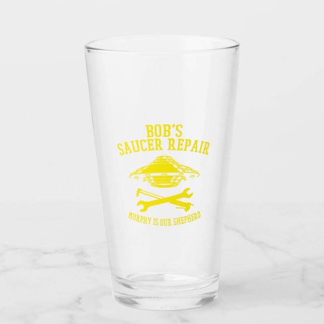 tumbler with yellow Bob's Saucer repair logo (Front)