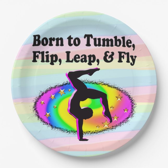 TUMBLING AND FLIPPING GYMNAST GIRL PAPER PLATES (Front)