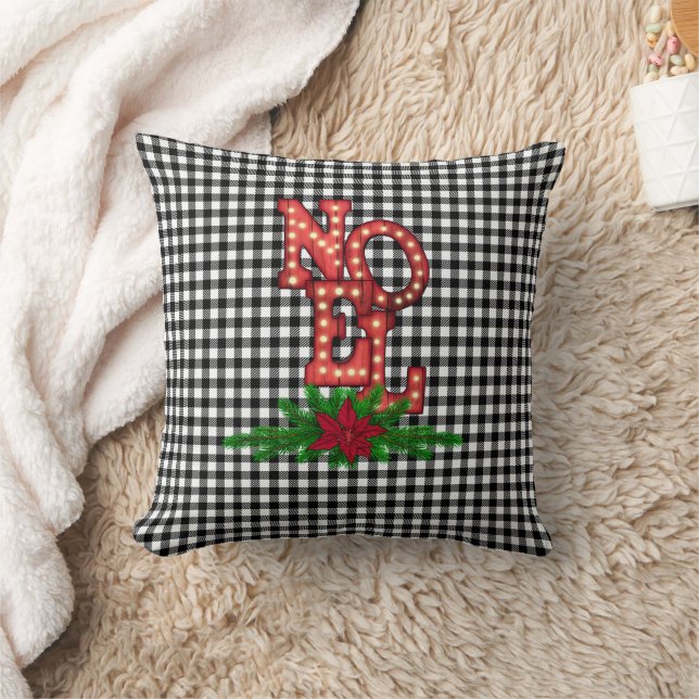 Tumbling Noel on Buffalo Plaid Farmhouse   Throw Pillow (Blanket)
