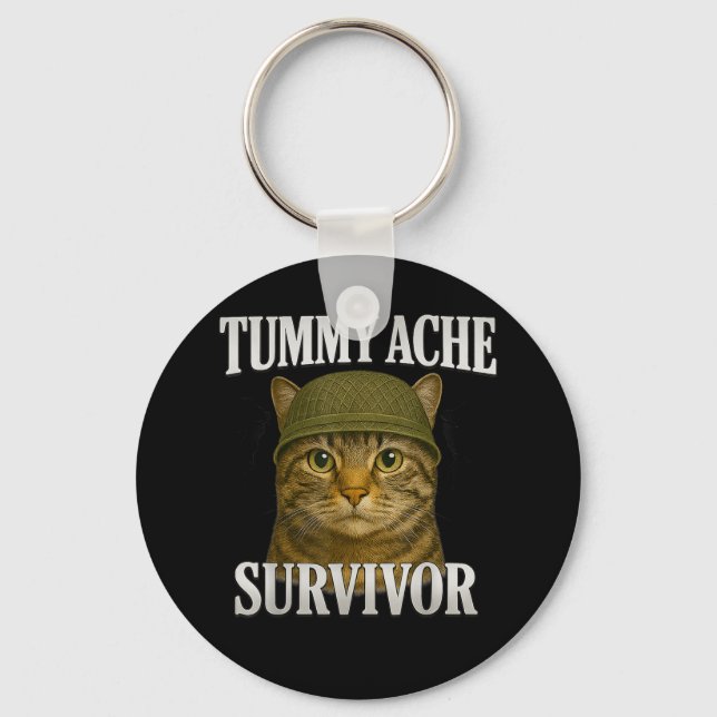 Tummy Ache Survivor Cat Meme Funny Kitten Gift Men Keychain (Front)