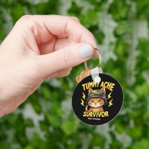 Tummy Ache Survivor Funny Cat Meme Saying Retro Keychain