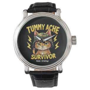 Tummy Ache Survivor Funny Cat Meme Saying Retro Watch