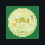 Tuna can pop art tinned fish<br><div class="desc">A pop-up style illustration of the lid of a tuna can. This is drawn in vector and has the look of a retro advertising poster. It has tuna fish on it and is drawn in times of green and yellow. A design for anyone who loves canned / tinned fish.</div>