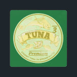 Tuna can pop art tinned fish<br><div class="desc">A pop-up style illustration of the lid of a tuna can. This is drawn in vector and has the look of a retro advertising poster. It has tuna fish on it and is drawn in times of green and yellow. A design for anyone who loves canned / tinned fish.</div>