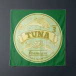 Tuna can pop art tinned fish tapestry<br><div class="desc">A pop-up style illustration of the lid of a tuna can. This is drawn in vector and has the look of a retro advertising poster. It has tuna fish on it and is drawn in times of green and yellow. A design for anyone who loves canned / tinned fish.</div>