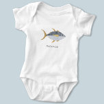 Tuna Fish Personalized Baby Bodysuit<br><div class="desc">Fun Tuna fish with a cheeky smile,  perfect for those who like fish,  food and fishing.  Original art by Nic Squirrell. Change the name or text to personalize.</div>