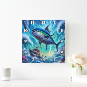 Tuna Surge: Boat, Storm, Ocean Power Square Wall Clock