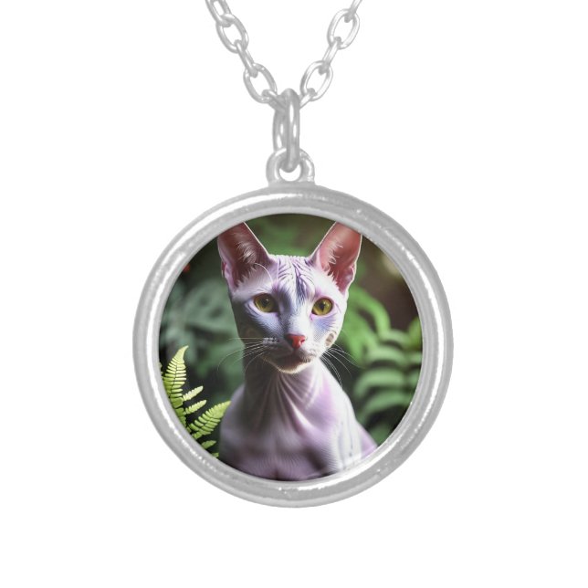 "Tuna the Hairless Cat: Sleek and Silky"  Silver Plated Necklace (Front)